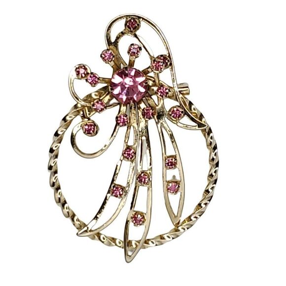 Pink Rhinestone Goldtone Floral Brooch 2 1/4"X1 1/2" - Picture 1 of 3